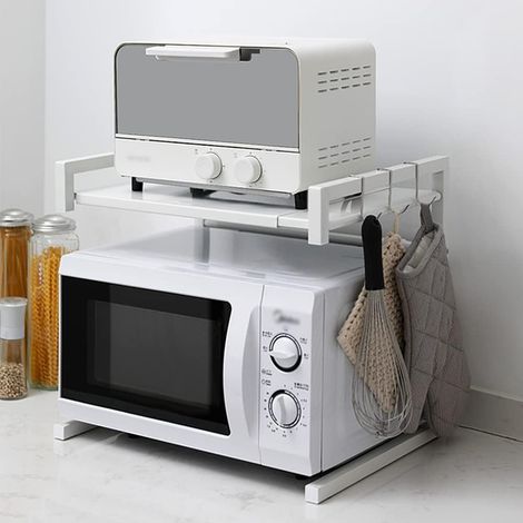 Étagère Micro-Ondes Extensible - 2 Niveaux - Acier Au Carbone - Longueur Réglable 40-65 Cm - Support Cuisine Avec Crochets - Blanc (1/5)