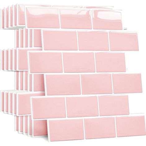 Plus épais Credence Adhesive pour Cuisine, Faux Carrelage Adhesif Mural Salle de Bain, Crédence Adhesive Metro 3D (10 Pièces, Rose) (1/5)