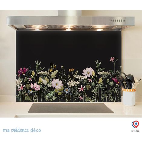 Fond de hotte : Dessin fleurs et aquarelle 1 - Verre trempé - 90 cm - 60 cm (1/5)