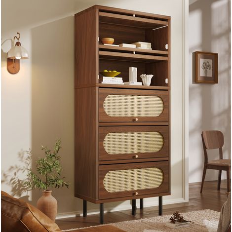 Credenza 80 x 40 x 163 cm con 5 ante a ribalta effetto noce e rattan HAVRYA (1/5)