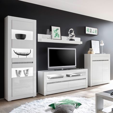 Wohnzimmer Wohnwand in Hochglanz weiß COGO-61 inkl. Beleuchtung und mit Griffmulden in Betonoptik BxHxT: 336x198x42cm (1/5)