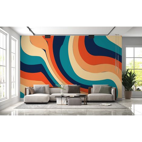Papier peint rétro - larges ondulations orange et bleu - 150 x 250 cm (1/2)