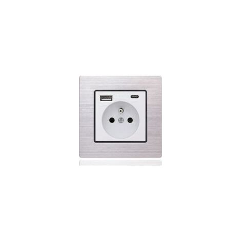 Panel de enchufes USB Tipo C 16A – 2 tomas de 2 clavijas – 1 puerto USB y 1 puerto Tipo-C – Acero inoxidable blanco – Instalación horizontal/vertical - USB16A (1/5)