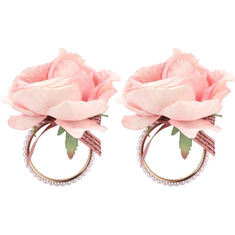 2 pièces anneau de serviette en fer avec fleur simulée et perle artificielle pour hôtel et fête - Rose (1/5)