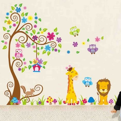 Vococal® Stickers muraux Enfant arbre colore et animaux hibou girafe lion (1/4)