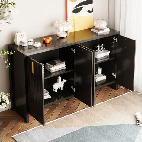 Sideboard 140x38x80 cm schwarz aus Holzwerkstoff mit verstellbaren Einlegeböden und goldenen Griffen (1/5)