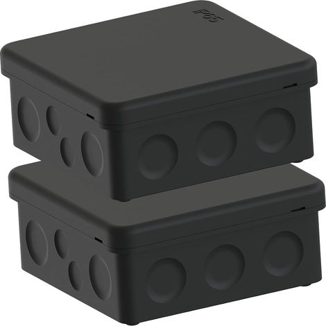 Lot de 2 boîtes de jonction étanches IP65 - Noir - Petite boîte de distribution - Avec couvercle à clipser - Joint en caoutchouc amélioré - Pour pièces humides - Pour l'extérieur - 88 x 88 mm (1/5)