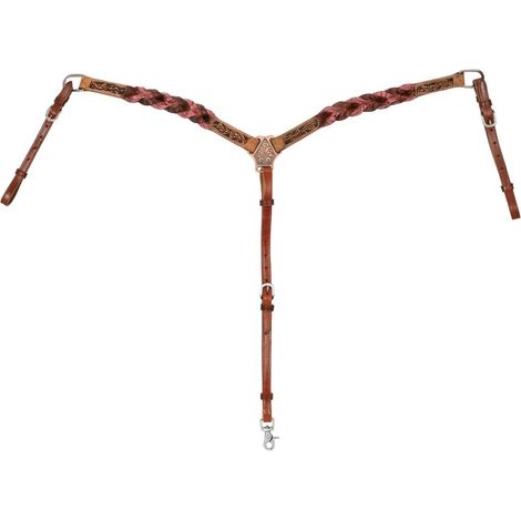 Pettorale western in cuoio con decorazioni intrecciate in cuoio rosa