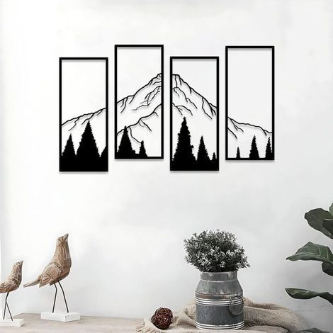 APEX Ensemble de 4 décorations murales en métal représentant des montagnes et des forêts, style dessin au trait, art mural minimaliste (1/5)