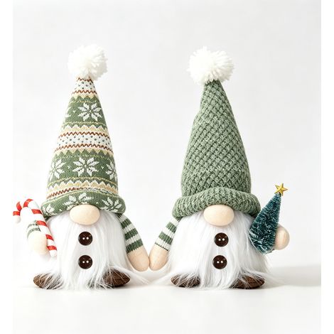 Decoración navideña de 2 piezas: Gorro de peluche de gnomo verde, muñeco Tomte sueco sin rostro con bastón de caramelo y mini árbol de Navidad. (1/5)