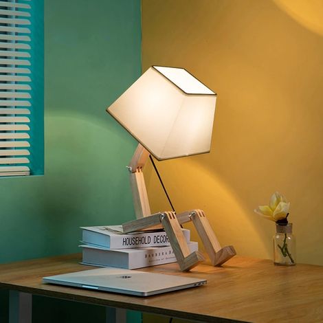 Lampe de Table Robotique Dimmable, Abat-Jour Carré en Bois Massif pour Enfants, Chevet, Bureau, Salon (Cadeau) (1/5)