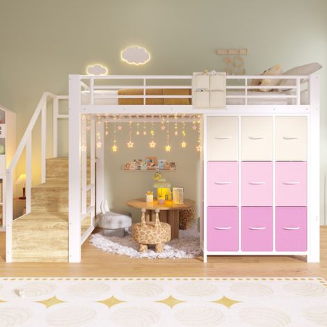 Lit mezzanine 140x200 cm, lit surélevé gain de place avec escalier de rangement et commode à tiroirs, avec penderie intégrée pour ado et adulte, Blanc