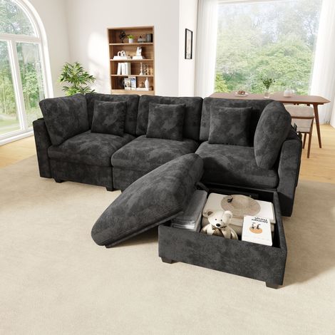 Canapé d'angle en L modulable – 4 places, ottoman avec espace de rangement, accoudoirs à pochettes, 3 coussins moelleux, tissu chenille à texture waffle, gris tendance – idéal pour petit espace (1/5)