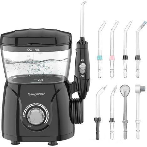Jet Dentaire Hydropulseur, Hydropulseur Dentaire Professionnel avec 8 Busettes Multifonctionnelles, 10 réglages de pression d'eau, 600ML Irrigateur Dentaire Pour Les soins Familiaux Noir (1/5)
