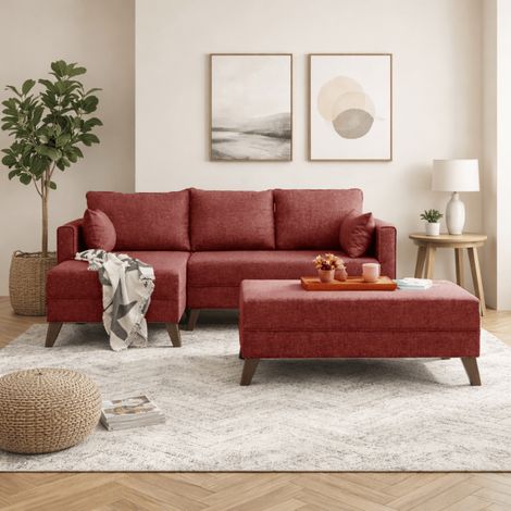 Schlafsofa aus rotem Stoff – Ecksofa inklusive Ottomane – Links –