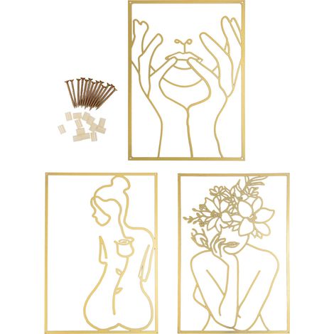 Décoration murale artistique en fer à une seule ligne, dessin féminin minimaliste, à suspendre pour chambre à coucher, cuisine, salle de bains, salon, or, 3 pièces (1/5)