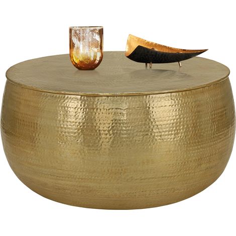 WOMO-DESIGN Couchtisch Ø 90x45 cm Gold, Unikat, Hammerschlag-Optik, Handgefertigter Beistelltisch, Orientalischer Wohnzimmertisch, Runde Tisch, Aluminium Loungetisch, Metall Tisch, Flacher Sofatisch