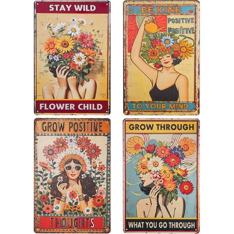 Lot de 4 Panneau en Métal Vintage, Plaque Murales de Peinture Rétro en Fille Fleur, Plaque de Peinture Rétro en Fer, Panneau Décoration Murale pour Maison Bar Café Restaurant Pub (30×20 CM) (1/5)