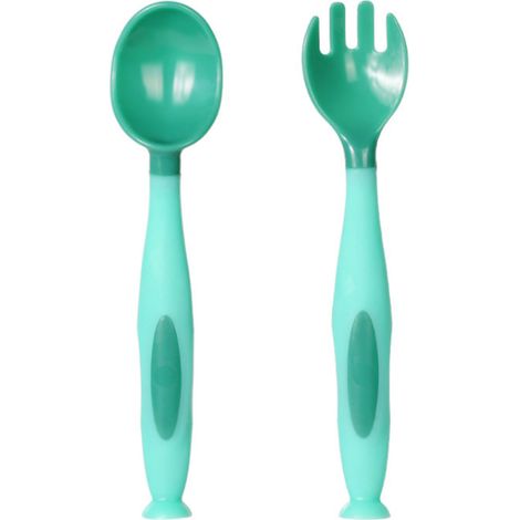 Ensemble fourchette et cuillère pour bébé, manches courts, en polypropylène souple, vert, idéal pour l'apprentissage de l'alimentation des tout-petits. (1/5)