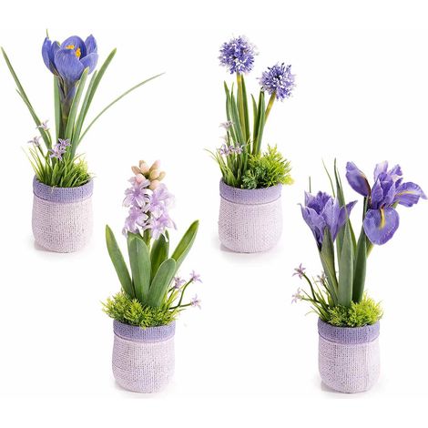 Vasi colorati ad effetto juta con fiori artificiali viola, set da 4 pezzi, cm 6,5 x 6 x 23 H