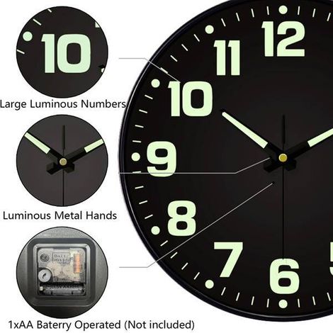 Farbe: Schwarz Material: ABS 25 cm geräuschlose Wanduhr mit rundem Nachtlicht.