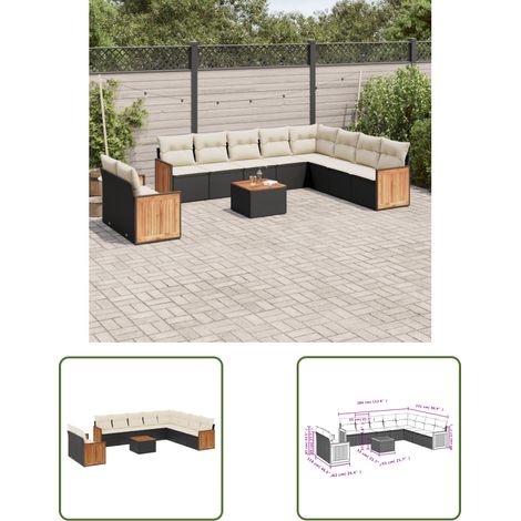 The Living Store Salon de jardin 11 pcs avec coussins noir résine tressée - Ensemble Salon De Jardin - Meuble Extérieur - Jardin Design - Mobilier De Jardin - Chaise Longue (1/3)