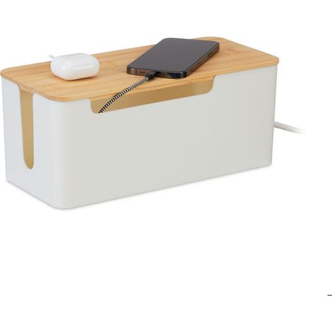 Relaxdays Range-câbles pour 2 multiprises, couvercle en bambou, plastique, HxLxP: 13x31x14 cm, boîtier, blanc - nature