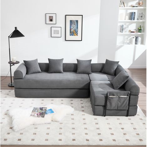 Divano modulare 270x180x64 cm grigio scuro in velluto a coste con tasca laterale e funzione letto (1/5)