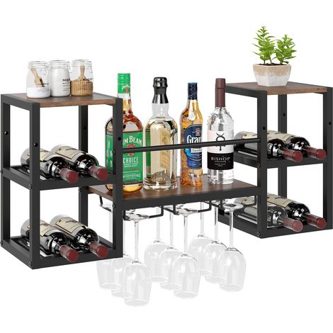 Porte-Bouteilles Mural avec Porte-Verres, Cadre Métallique pour 8 Bouteilles avec Étagère Ouverte, Range-Vin, Présentoir 3 Niveaux, 89x25x40cm, Marron (1/5)