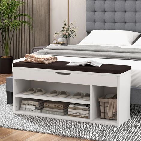 Banc à Chaussures pour 7 Paires, 3 Étagères et Coffre de Rangement, Coussin Amovible, 104x30x48cm Blanc CW2027 Maison Chic (1/3)