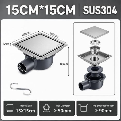 Caniveau de Douche Carré en Acier Inoxydable avec Siphon à 360° Anti-Odeurs, 2 en 1 Caniveau de Douche à Carreler, 15 x 15 Cm Drain de Sol pour Salles de Bains (Modèle 1) (1/2)