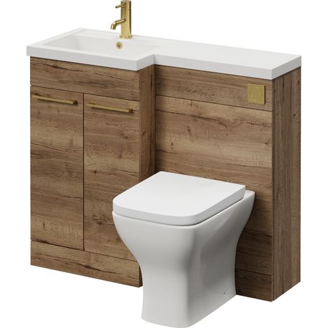Napoli 390 Tobacco Oak 1000mm 2 Door Vanity Unit Toilet Suite with Left Hand Square Lucia Basin - 1000mm - Brushed Brass 160mm HandleWith Kingston Toilet Pan and Seat