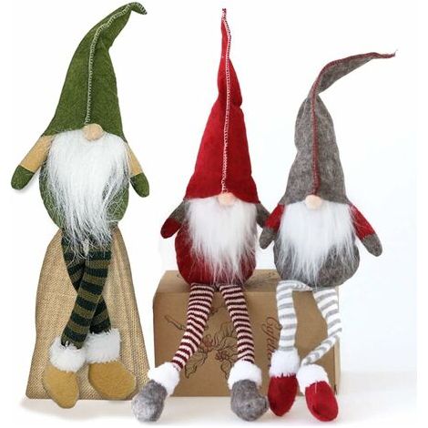 GNOME de Noel - Lot de 3 Nains de Noël - Ornements de Noël — tomte scandinave Fait Main pour décoration de Maison — Jolis Ornements de Père Noël - Matériaux de qualité supérieure - Vert, Rouge, Gris