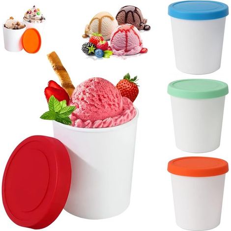 Lot de 4 pots à glace – 250 ml – Rouge, orange, bleu, vert – Couvercle silicone – Réutilisables – Desserts, yaourts, glaces maison (1/5)