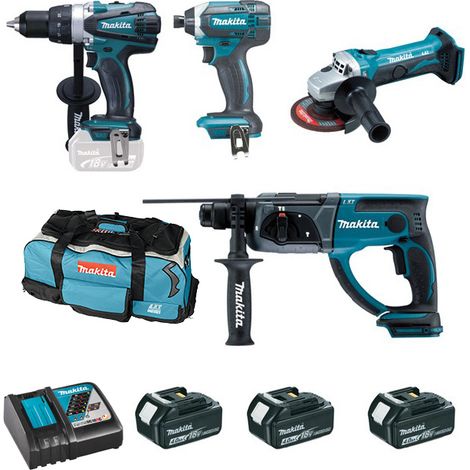 Makita – Pack de 4 outils électroportatifs 18V – Perceuse DDF458, Meuleuse DGA452, Perfo DHR202, Visseuse DTD152 – 3 batteries 18V 4Ah – DLX4054MX1