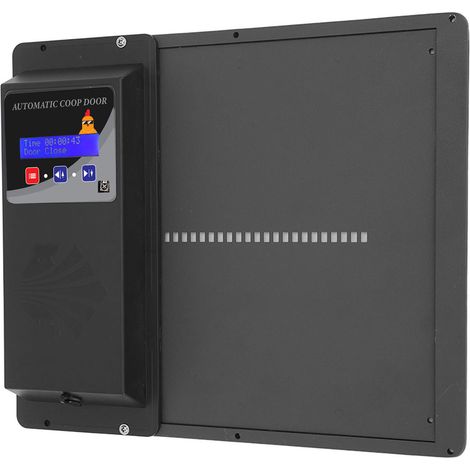 Ouvre-porte automatique pour poulailler horizontal, alimenté par batterie et USB, minuterie, capteur lumineux, télécommande, affichage LED, en fer noir. (1/5)