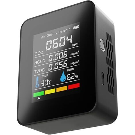 Compteur de qualité de l'air 5 en 1,Compteur de CO2 Portable1200 mAh Rechargeable,Détecteur de CO2/TVOC/HCHO/température/humidité pour Bureau, Salon avec Alarme (Mesure IR) (1/5)