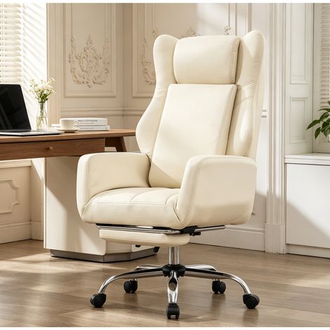 fauteuil de bureau ergonomique crème inclinable 90 à 135 degrés avec repose pieds télescopique accoudoirs rabattables chaise pivotante en cuir pu pour bureau maison (1/5)