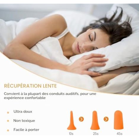 60 paires de bouchons d'oreille en mousse souple, atténuation du bruit de 38 dB, avec étui de transport en aluminium. Idéal pour dormir, réduire le bruit, voyager et étudier. (1/3)
