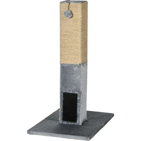 Katzenkratzbaum mit Kratzstange, Glöckchenball, 2 Pflegebürsten, 59,5 x 39 x 79 cm, beige und grau