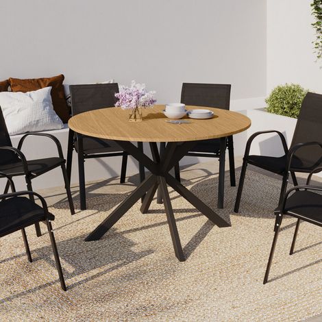 Mesa de jardín redonda MESSINA, 120 cm, 6 plazas, pata de araña, tablero de metal efecto madera