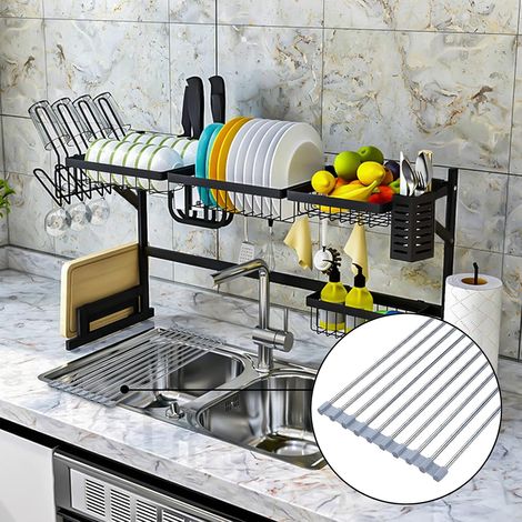 Égouttoir pliable au-dessus de l'évier ajustable (33,5"-41,3"), égouttoir à vaisselle enroulable, grand égouttoir à vaisselle, 2 niveaux, rack de cuisine en acier inoxydable extensible (1/5)