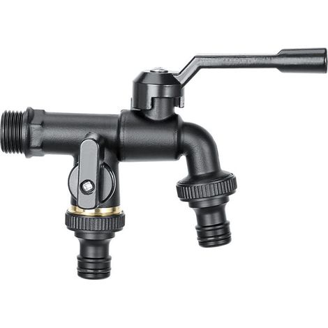 Doppelter Gartenwasserhahn aus Messing, schwarzer 3/4-Einlasshahn mit 2 Auslässen 3/4 Zoll, Doppelauslässe, Gartenwasserhahn für Waschmaschine