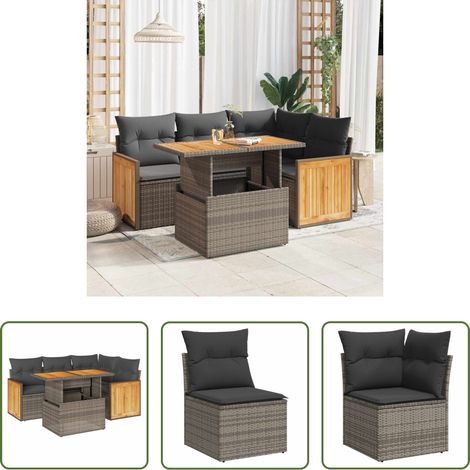 Rattanmöbel - 5-tlg. Garten-Sofagarnitur mit Kissen Grau Poly Rattan Akazie (1/5)