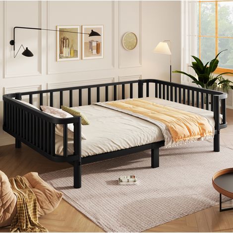 Letto da giorno in acciaio 140x200 cm con rete a doghe in metallo, nero DESVIAE (1/5)