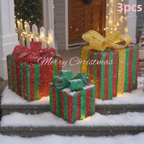 Ensemble de 3 coffrets cadeaux de Noël lumineux : décorations de Noël avec rubans, éclairage chaleureux, intérieur/extérieur. (1/5)