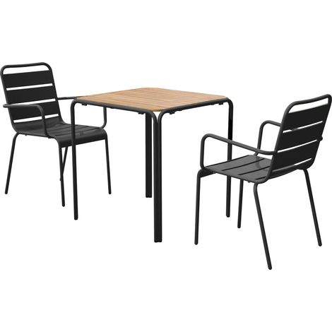 Table de jardin bistrot métal et polywood 70 cm et 2 fauteuils noir