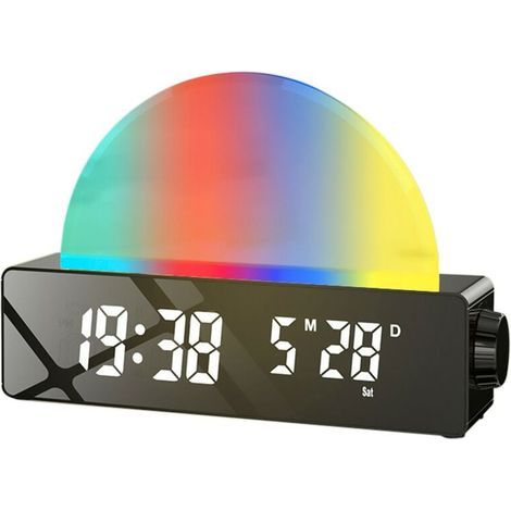 Horloge LED numérique avec simulation de lever de soleil, avec radio FM et lumière réglable, Affichage numérique, Température, Alarme, pour chambre d'enfant et d'adulte, Noir (1/5)