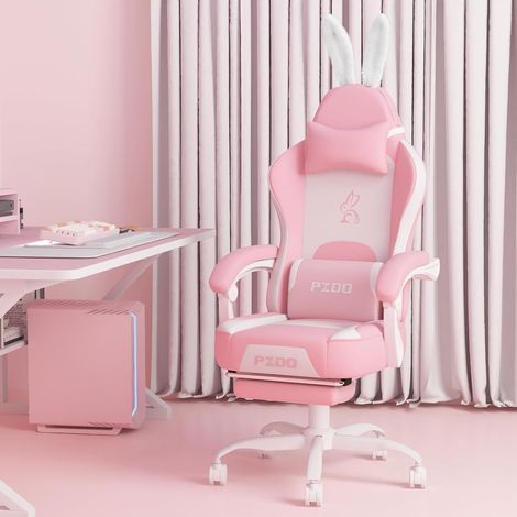 Gaming Stuhl mit Fußstütze, Rosa, verstellbar, ergonomisch, für Teenager & Erwachsene (1/5)