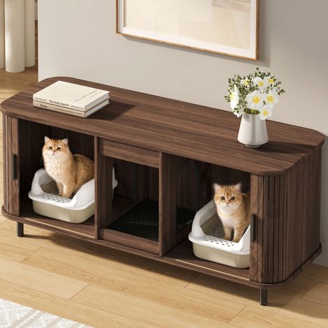 Mobile per lettiera gatto con ante scorrevoli 140 x 50 x 60 cm effetto noce DESVIAE (1/5)